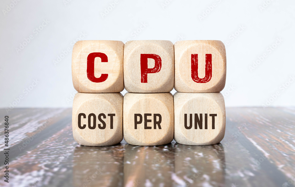 Poster closeup on businessman holding a card with text cpu cost per unit, business concept image with soft 