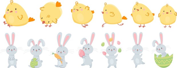 Vector set of cute Easter animals. Little chickens and hares, rabbits are holding Easter eggs. Animals on a white background © Alena