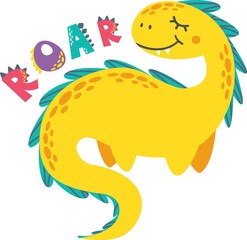 Children's vector illustration. Cute dinosaur and Roar littering. Illustration for print on children's clothing.