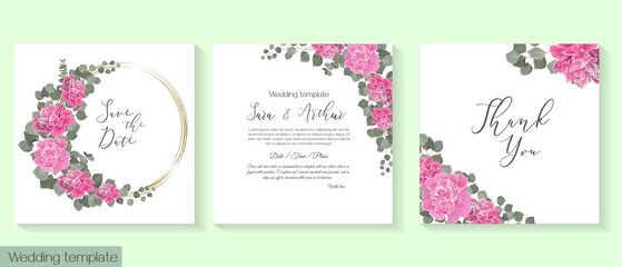 Fototapeta na wymiar Vector template for wedding invitation. Pink peonies, eucalyptus, green leaves and plants, round frame.