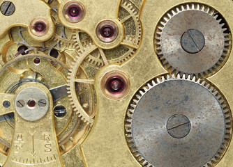 close-up of gears from an old clockwork