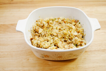 Prepared Bread Dressing Served in a Casserole Dish