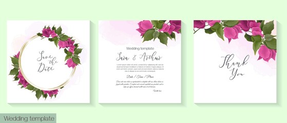 Fototapeta na wymiar Tropical vector template for wedding invitation. Pink bougainvillea, golden frame, pink watercolor background