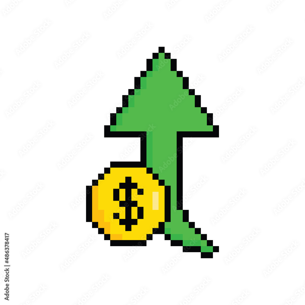 Poster pixel dollar rate up icon pixel art icon element for 8 bit game