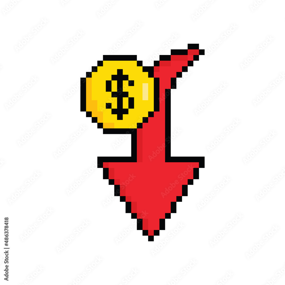 Aufkleber pixel dollar rate down icon pixel art icon element for 8 bit game