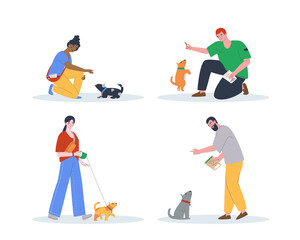 Fototapeta na wymiar A collection of stories - the owner of a pet walks and teaches his puppy commands. People communicate with their dogs. Flat vector illustration. EPS10
