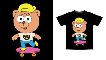 Hand drawn cute little bear cartoon playing skateboard t shirt design