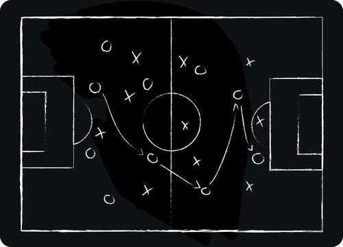 Soccer game tactical scheme with football players and strategy arrows. Vector chalk graphic on black board