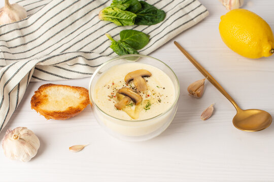 Ajo Blanco, Spanish Typical Cold Soup, Made Of Almonds And Garlic With Olive Oil And Bread. White Garlic Soup