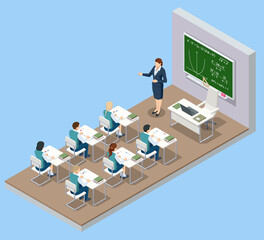 Isometric school classroom. Group of school kids with teacher sitting in classroom. Education. Classroom design with modern desks, seats and blackboard. Back to school concept.