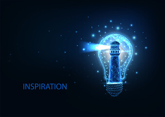 Futuristic smart idea concept with glowing low polygonal lighthouse inside of light bulb isolated on dark blue 