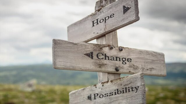 hope change possibility text engraved on wooden signpost outdoors in nature.