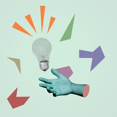 Got an idea. Contemporary art collage with human hand and light bulb expressing