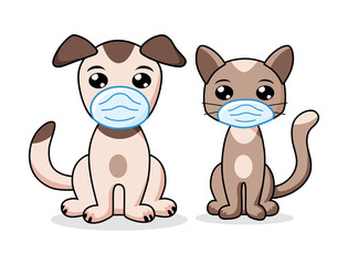 Cat and dog pets wearing face protective medical masks, veterinary quarantine, COVID-19 pandemic protection.