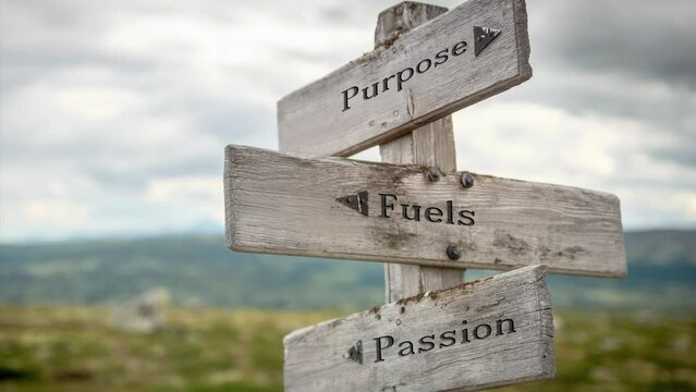 purpose fuels passion text engraved on old wooden signpost outdoors in nature. Quotes, words and illustration concept.
