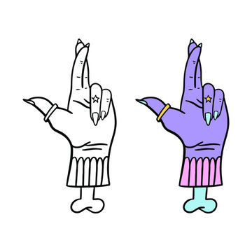 Vintage cartoon closeup of black hand with all-seeing eye on white background for concept design. Magic concept. Hand drawn style.