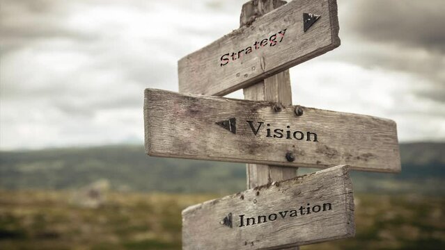 Strategy, vision and innovation signpost outdoors in nature. Wilderness, road, path, choose, business, corporate, success concept.