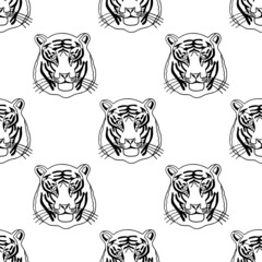 Seamless illustration with tigers in monochrome. Outline drawing.