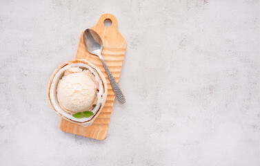 Coconut ice cream flavours in half of coconut setup on white stone background. Summer and Sweet menu concept. - 486381490
