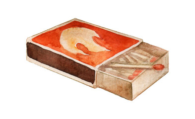 Watercolor watchbox with red matches isolated on white background