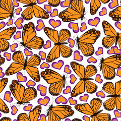 Butterflies Danaus plexippus, hearts, isolated on white background. Seamless pattern, vector.