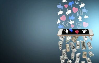 Content monetization, likes turn into dollars passing through the smartphone. The concept of...