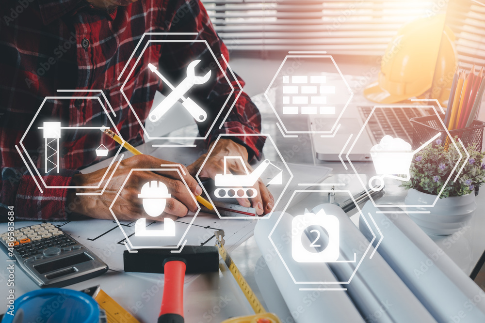 Poster construction worker working in office with engineering tools with vr screen building icon, blueprint
