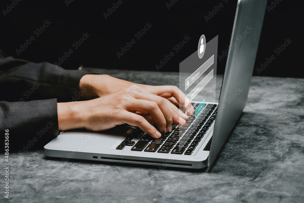 Poster woman hand typing on keyboard with login and password on screen display, cyber security concept, dat