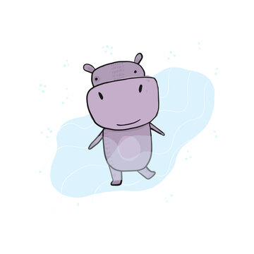 Illustration of cute purple hippopotamus standing in blue wavy water. Cartoon violet animal for kids print design, sticker, logo