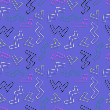 Seamless repeating ninety's stripes style pattern. Vintage retro colors, hand drawn, geometric
