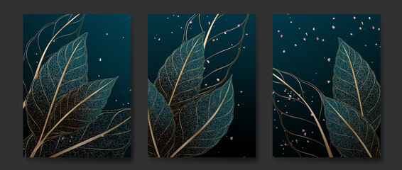 Luxurious dark blue background with golden tropical leaves in art line. Botanical design for invitation design, design, wedding