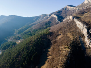 Aerial Autumn view of Balkan Mountains and Vratsata pass, Bulgaria