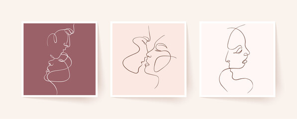 Set of one line faces, couple man and woman. Valentine's day minimalistic vector illustration.