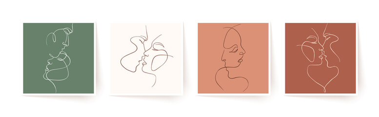 Set of one line faces, couple man and woman. Valentine's day minimalistic vector illustration.