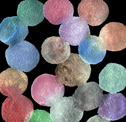 Childish pattern. Party birthday celebration background. Watercolor holiday confetti circles in memphis style, bubbles on black. Design for wallpapers, packaging, wrapping paper.