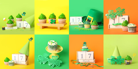 Tasty cupcakes for St. Patrick's Day on color background