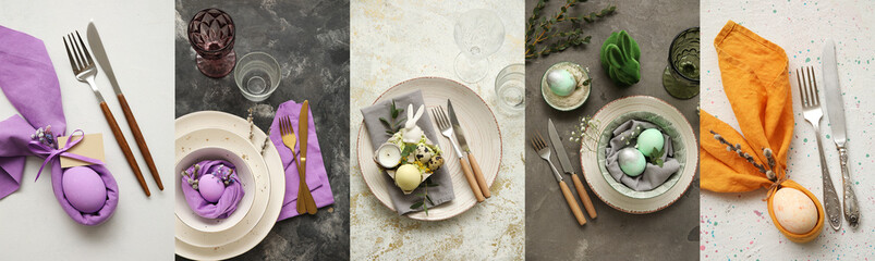Collection of beautiful table settings for Easter celebration on grunge background