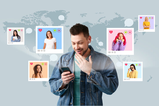 Handsome man with mobile phone using dating site