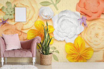 Stylish interior of room with beautiful flowers on wall © Pixel-Shot