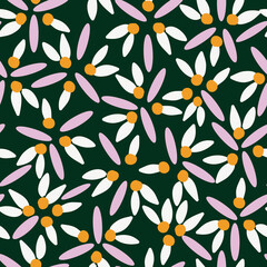 Dark blue with pink, orange and white petals on daisy like flower elements seamless pattern background design.