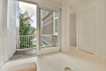 interior of a balcony with sliding glass doors