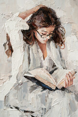 A young girl reads an interesting book on a light white background. Oil painting on canvas.