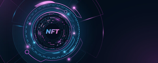 NFT nonfungible tokens background. Glowing blue and purple HUD elements with computer circuit board. Futuristic hi-tech digital concept. Abstract technology cover