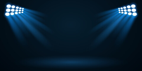 Naklejka premium Blue spotlights isolated on black background. Light effect. Empty podium for show. Vector projectors