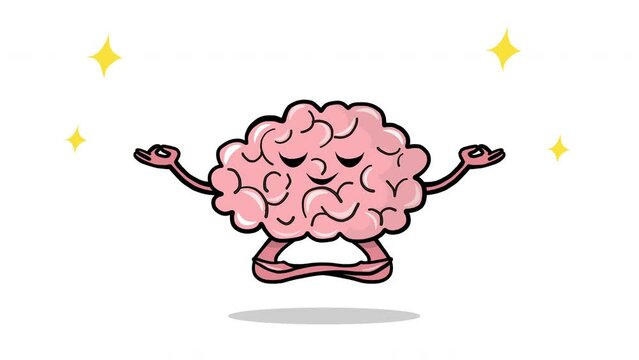 Happy Brain Doing Yoga. Brain animation isolated on white background. Relaxing and Chilling Out Cartoon Brain Motion Sketch Illustration Happy Mind Design Element Psychological Healthcare Concept Icon