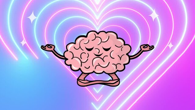 Happy Brain Doing Yoga. Brain animation on Glow Neon Line Light Radial Concentric Heart Relaxing and Chilling Out Cartoon Brain Motion Illustration Happy Mind Design Element. Psychological Healthcare 