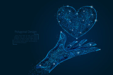 Abstract isolated image of human hand holding heart. Polygonal low poly style illustration looks like stars in the blask night sky in spase or flying glass shards. © Katsiaryna