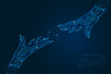 Abstract isolated image of human hand of partnership of people. Polygonal low poly style illustration looks like stars in the blask night sky in spase or flying glass shards. © Katsiaryna