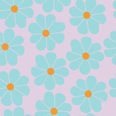 Pink with baby blue fun flower elements with orange centres seamless pattern background design.