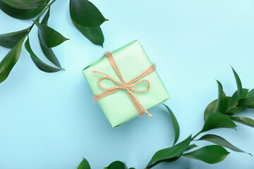 Gift box and plant branches on blue background